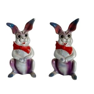 2 Vintage Ceramic Easter Bunnies Figurines Hand Painted Iridescent Mid Century